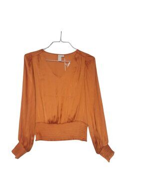 Joie S Long Sleeve Smocked Waist Burnt Orange V-Neck Blouse Polyester Womens Top